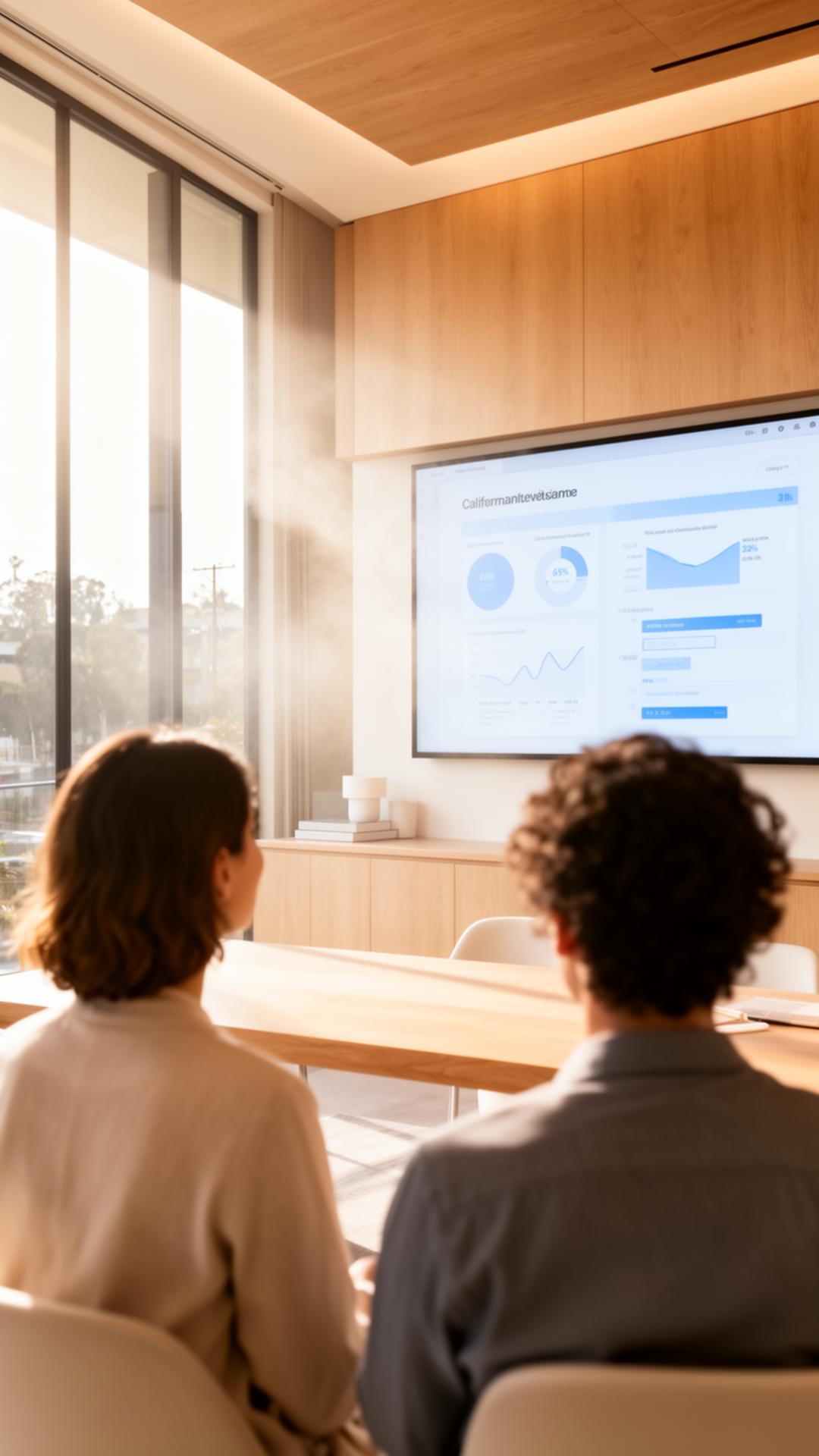 Two people viewing a strategy presentation deck in a bright, refined Palo Alto office bathed in California morning light